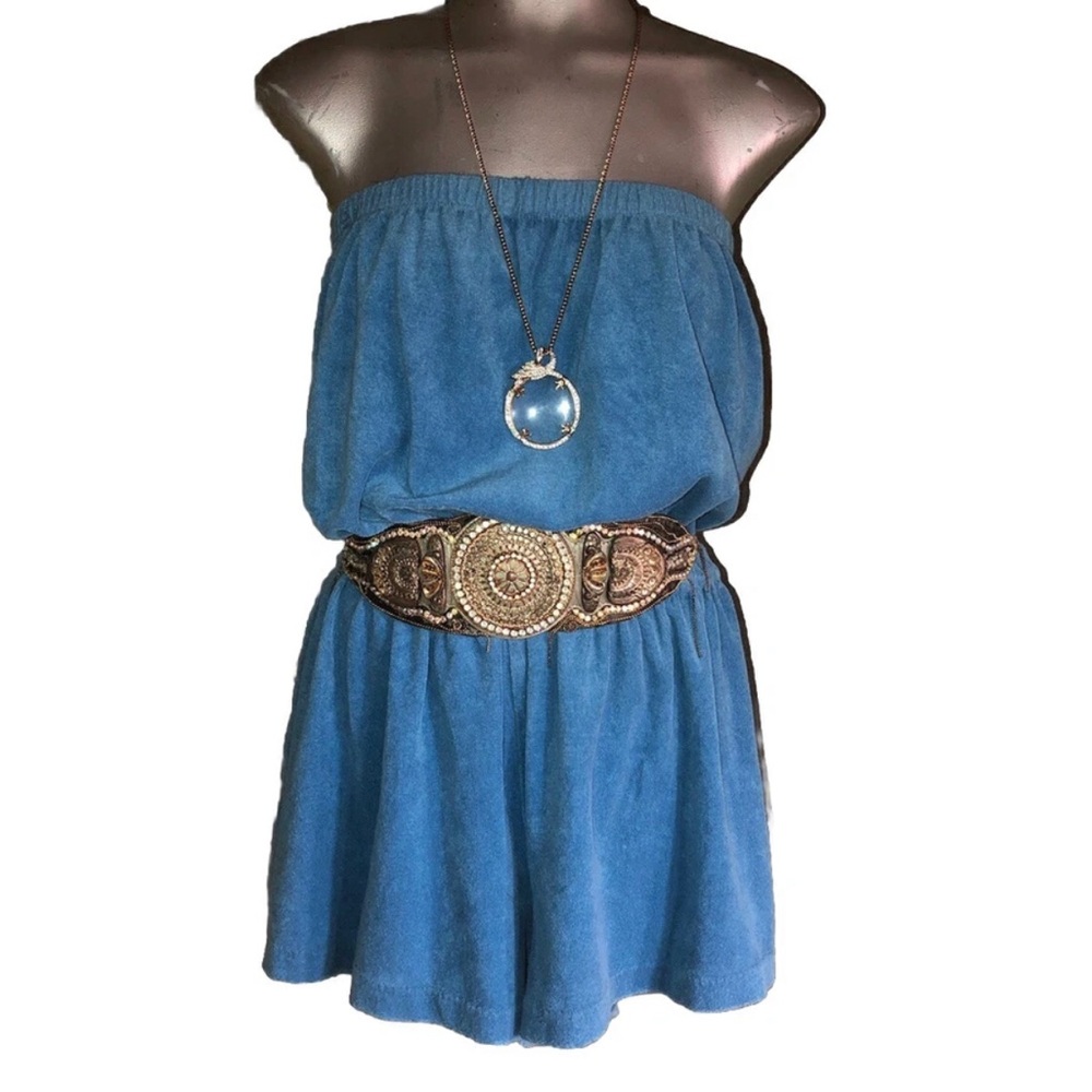 Vintage 80s Cerulean Blue Terri Cloth very Carrie Bradshaw Summer Romper